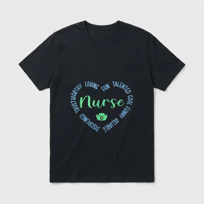 Nurse Hem T-Shirt – Heart of caring words with Nurse script and nursing cap emblem – Classic T-Shirt in Black
