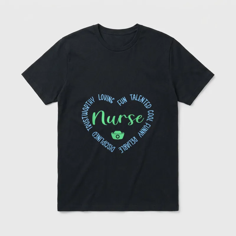 Nurse Hem T-Shirt – Heart of caring words with Nurse script and nursing cap emblem – Classic T-Shirt in Black