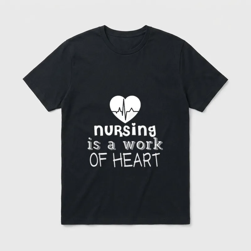 Nursing Is a Work of Products T-Shirt – Heart with pulse line and nursing is a work of heart text – Classic T-Shirt in Black