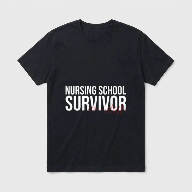 Nursing School Survivor-Gifts T-Shirt – NURSING SCHOOL SURVIVOR lettering with red heartbeat line – Classic T-Shirt in Black