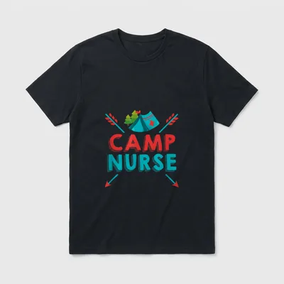 Camp Nurse T-Shirt – CAMP NURSE lettering with camping tent and crossed arrows – Classic T-Shirt in Black