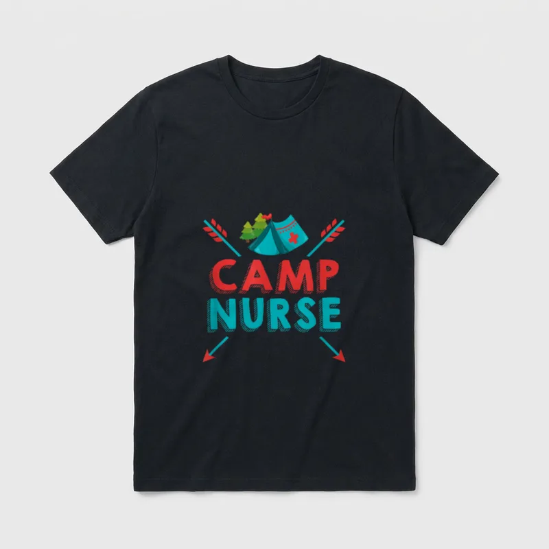 Camp Nurse T-Shirt – CAMP NURSE lettering with camping tent and crossed arrows – Classic T-Shirt in Black