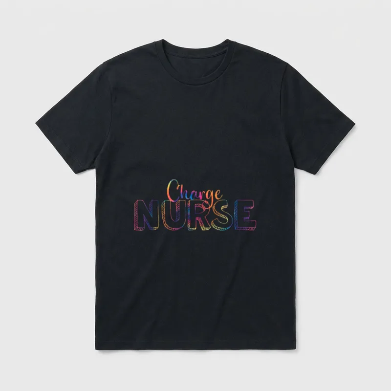 Tie Dye Charge Nurse RN Graduate T-Shirt – Rainbow tie-dye lettering reading Charge NURSE – Classic T-Shirt in Black