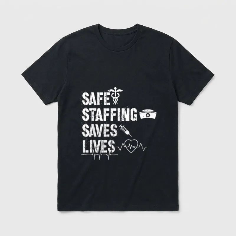 Nurse March 2023 Support Safe Staffing T-Shirt – SAFE STAFFING SAVES LIVES – Classic T-Shirt in Black
