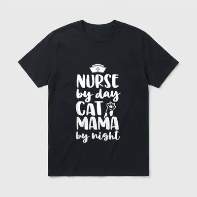 Nurse Graduation Night T-Shirt – Nurse cap and paw with NURSE by day CAT MAMA by night lettering – Classic T-Shirt in Black