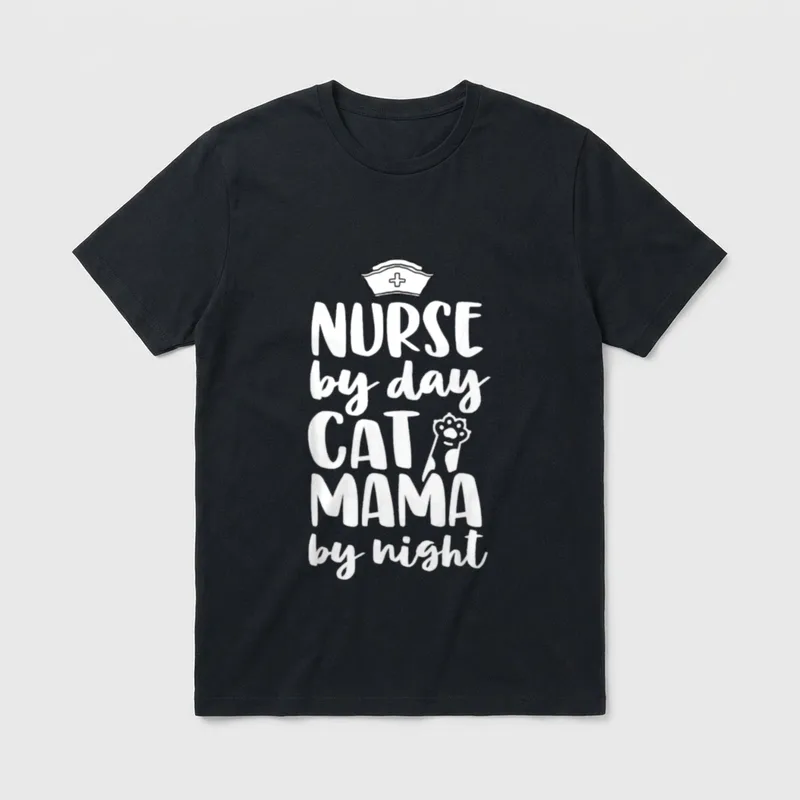 Nurse Graduation Night T-Shirt – Nurse cap and paw with NURSE by day CAT MAMA by night lettering – Classic T-Shirt in Black