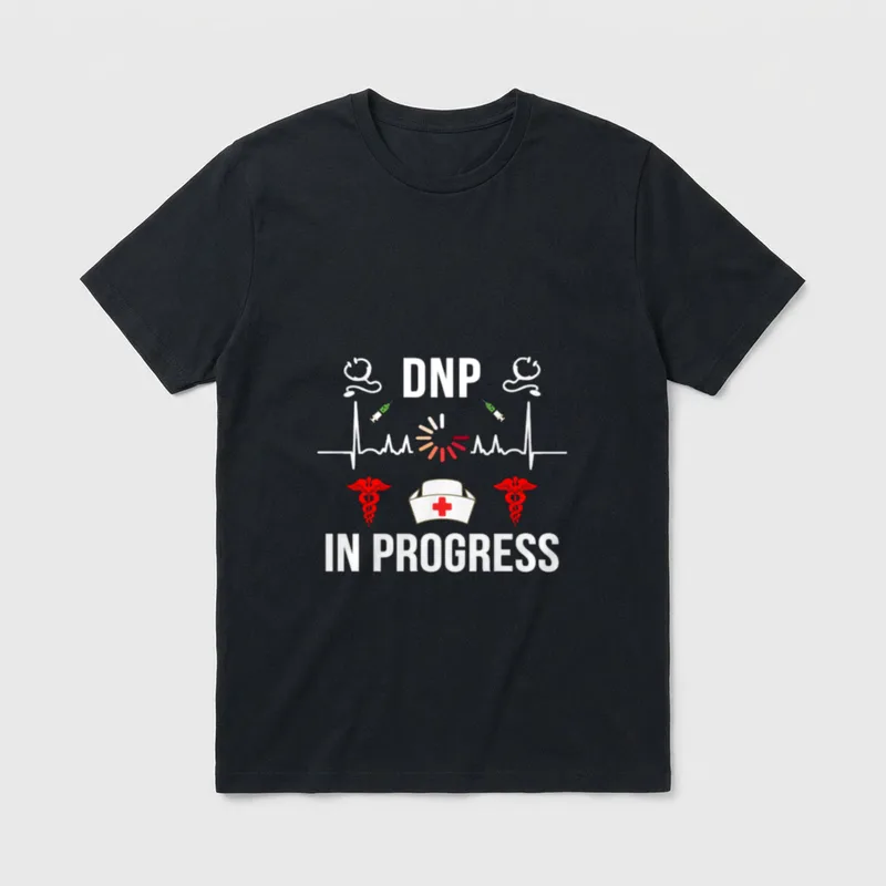 DNP Doctor of Nursing Practice T-Shirt – DNP IN PROGRESS lettering with medical icons – Classic T-Shirt in Black