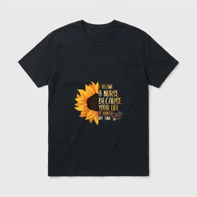 I Become a Nurse Because T-Shirt – Half sunflower with stethoscope and nursing quote – Classic T-Shirt in Black