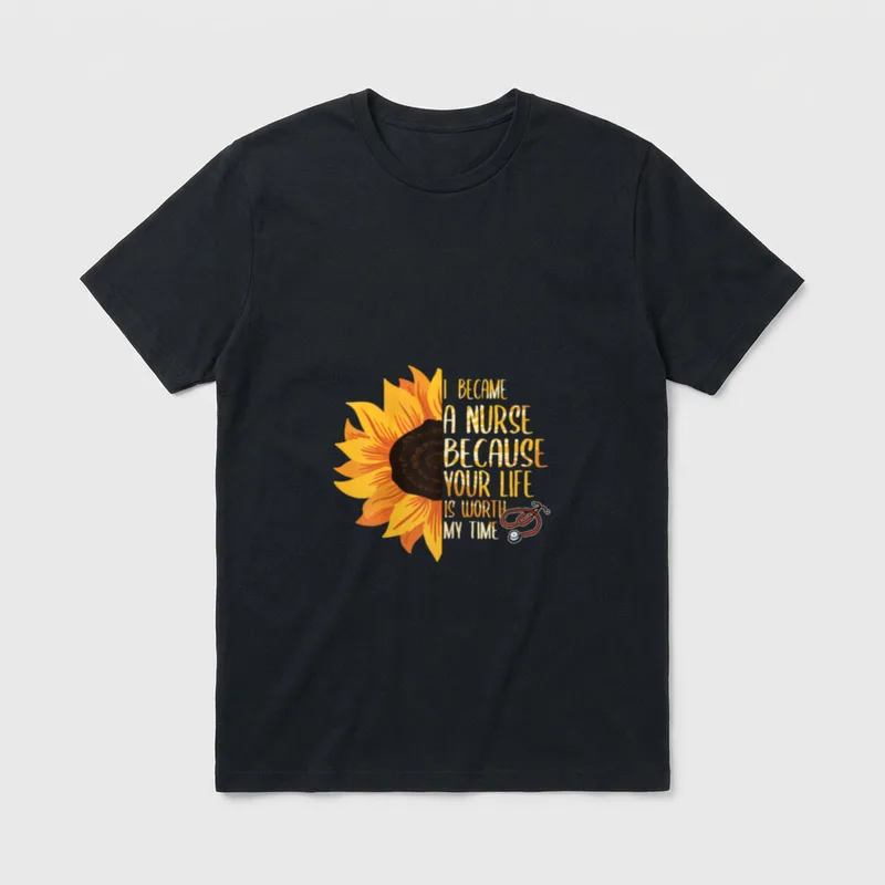 I Become a Nurse Because T-Shirt – Half sunflower with stethoscope and nursing quote – Classic T-Shirt in Black