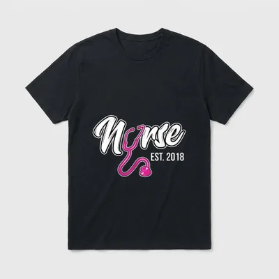 Nursing Graduation Nurse Est 2018 T-Shirt – Nurse lettering with pink stethoscope and EST. 2018 – Classic T-Shirt in Black