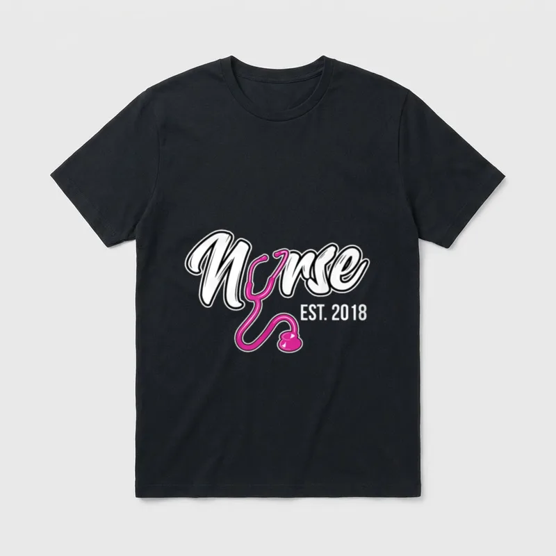 Nursing Graduation Nurse Est 2018 T-Shirt – Nurse lettering with pink stethoscope and EST. 2018 – Classic T-Shirt in Black