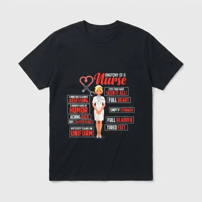 Nurse Anatomy Features T-Shirt – Humorous anatomy diagram of a nurse with callout boxes – Classic T-Shirt in Black