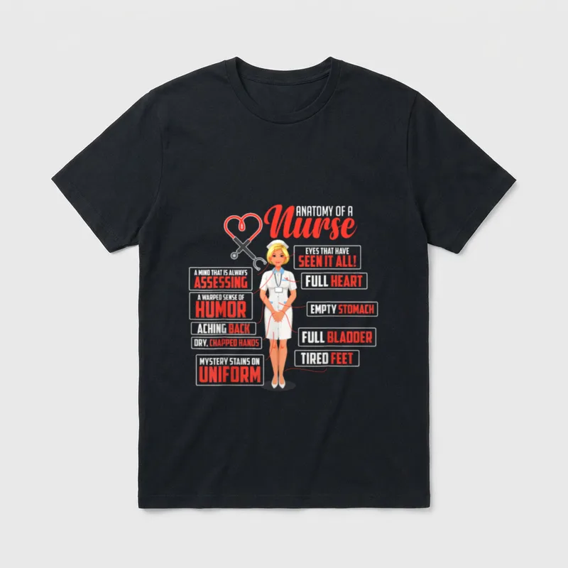 Nurse Anatomy Features T-Shirt – Humorous anatomy diagram of a nurse with callout boxes – Classic T-Shirt in Black