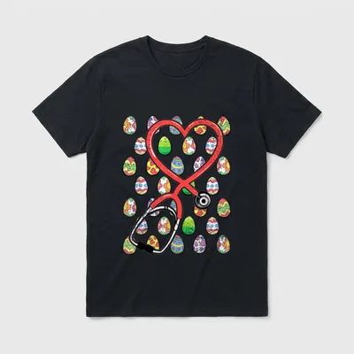 Nurse Heart Stethoscope Easter Egg Hunting T-Shirt – Heart stethoscope over patterned Easter eggs – Classic T-Shirt in Black