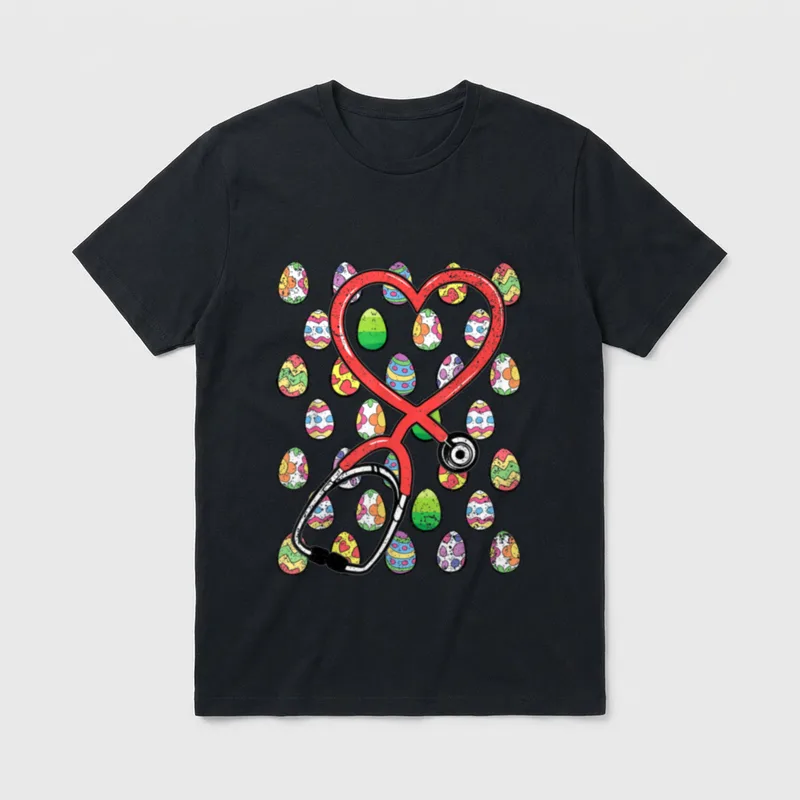 Nurse Heart Stethoscope Easter Egg Hunting T-Shirt – Heart stethoscope over patterned Easter eggs – Classic T-Shirt in Black