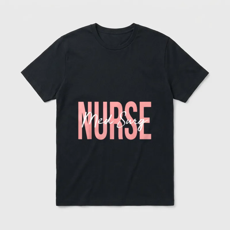 Med Surg Nurse Registered T-Shirt – Med Surg script over pink Nurse block letters – Classic T-Shirt in Black