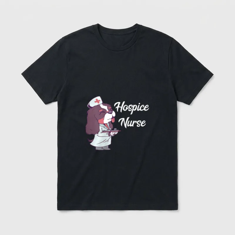 Hospice Nurse Life Nursing Dog RN T-Shirt – Script lettering Hospice Nurse beside a nursing dog – Classic T-Shirt in Black