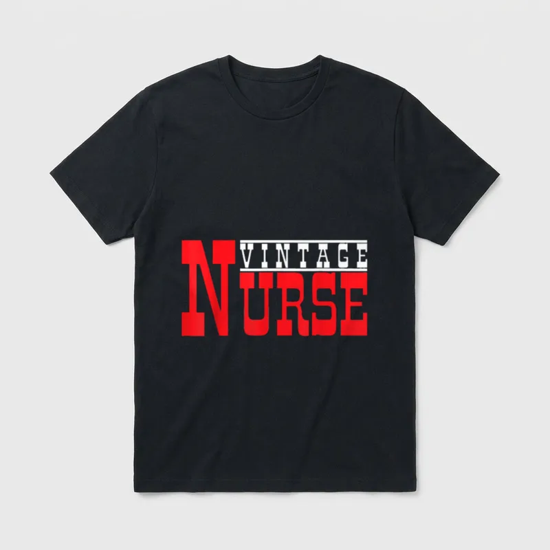 Vintage Nurse T-Shirt – VINTAGE NURSE printed in bold red and white block letters – Classic T-Shirt in Black