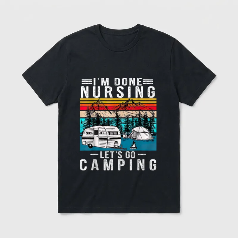Nurse Camping T-Shirt – Camper trailer, tent, campfire, and mountains with camping quote – Classic T-Shirt in Black