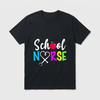 Cute School Nurse Nursing T-Shirt – School NURSE lettering with apple and stethoscope heart – Classic T-Shirt in Black