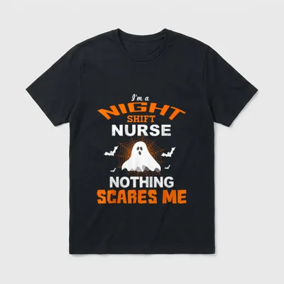 Halloween Nursing RN ER T-Shirt – Ghost graphic with “I'm a NIGHT SHIFT NURSE NOTHING SCARES ME” – Classic T-Shirt in Black