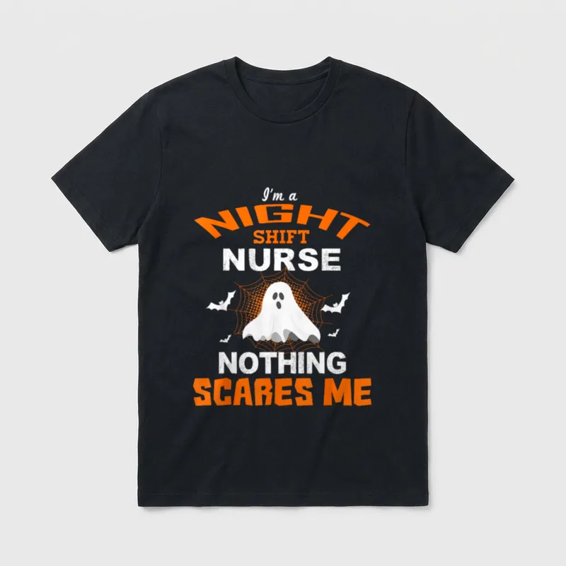 Halloween Nursing RN ER T-Shirt – Ghost graphic with “I'm a NIGHT SHIFT NURSE NOTHING SCARES ME” – Classic T-Shirt in Black