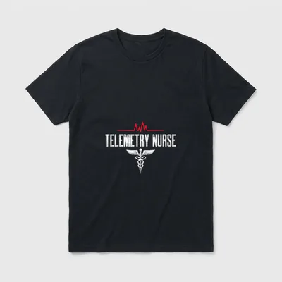 Telemetry Nurse GiftThe T-Shirt – Red rhythm line, Telemetry Nurse lettering, and white caduceus – Classic T-Shirt in Black