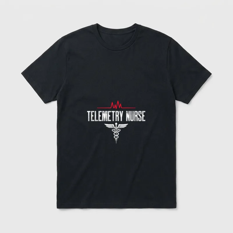 Telemetry Nurse GiftThe T-Shirt – Red rhythm line, Telemetry Nurse lettering, and white caduceus – Classic T-Shirt in Black