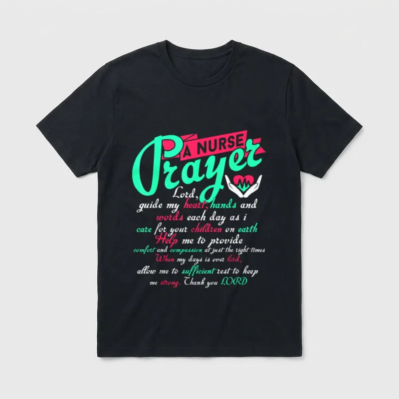 A Nurse Prayer T-Shirt – Nurse prayer text with cupped hands and heart with pulse line – Classic T-Shirt in Black