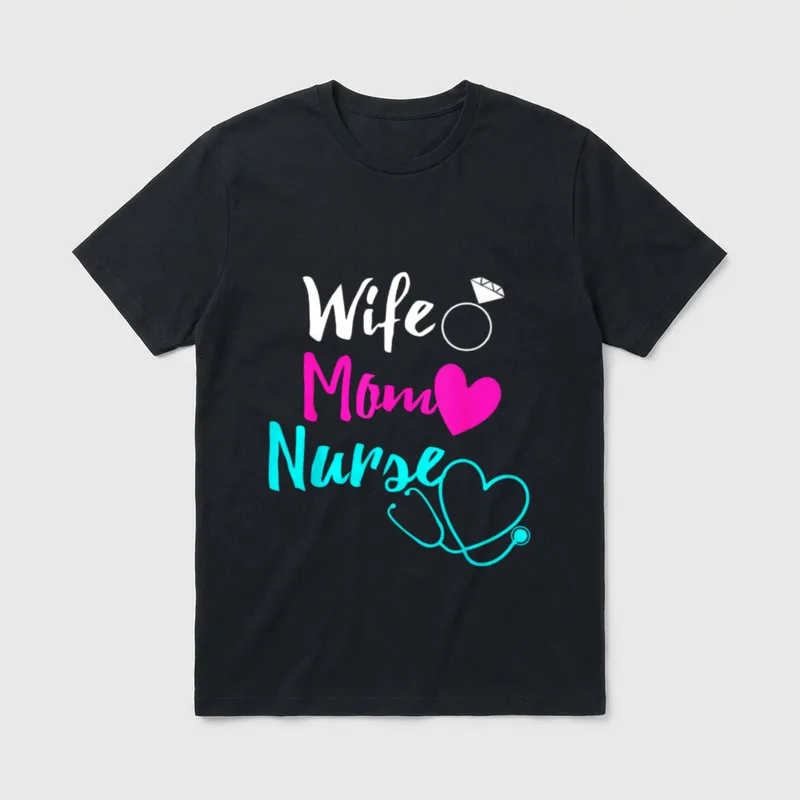 Wife Mom Nurse Shirt – Handwritten words Wife, Mom, and Nurse with small accent drawings – Classic T-Shirt in Black