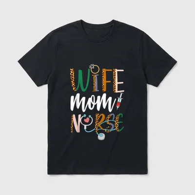 Wife Mom Nurse RN LPN Mothers T-Shirt – Wife mom NURSE with diamond ring, syringe, and stethoscope – Classic T-Shirt in Black