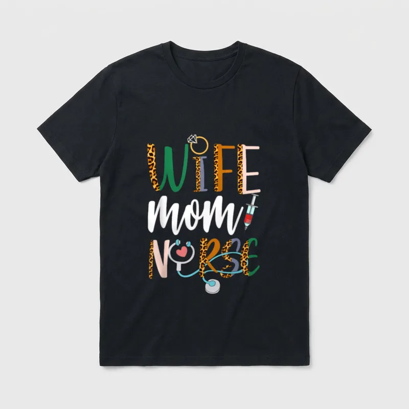 Wife Mom Nurse RN LPN Mothers T-Shirt – Wife mom NURSE with diamond ring, syringe, and stethoscope – Classic T-Shirt in Black