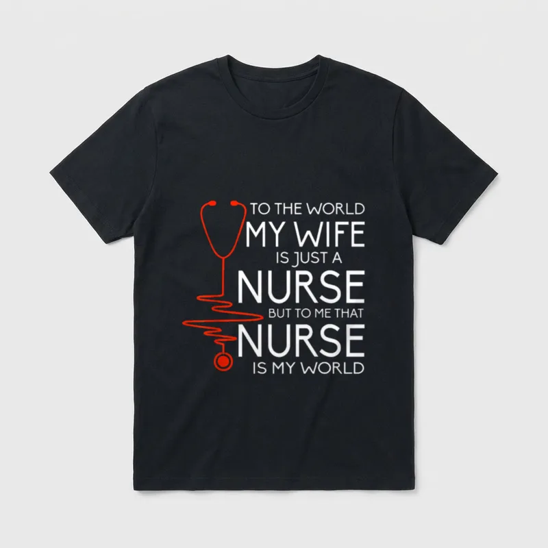 My Wife Is a Nurse T-Shirt – Red stethoscope pulse line and nurse is my world lettering – Classic T-Shirt in Black