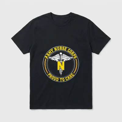 Nurse Corps Proud to Care T-Shirt – Army Nurse Corps Proud to Care emblem with winged caduceus – Classic T-Shirt in Black