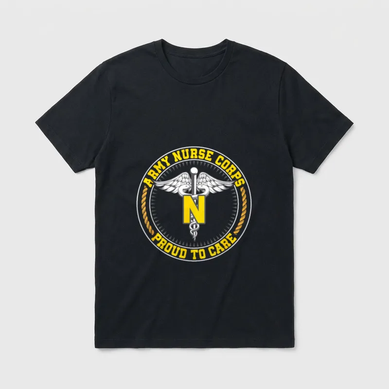 Nurse Corps Proud to Care T-Shirt – Army Nurse Corps Proud to Care emblem with winged caduceus – Classic T-Shirt in Black