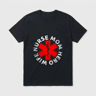 WIFE NURSE MOM HERO RN Mommy T-Shirt – Printed words WIFE NURSE MOM HERO around a red medical star – Classic T-Shirt in Black