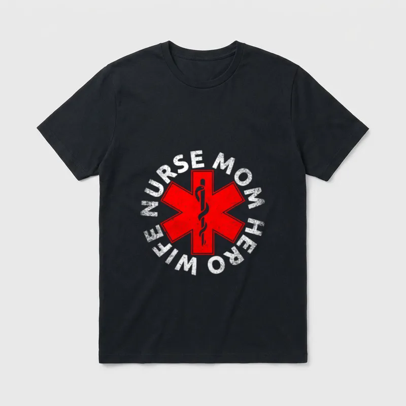 WIFE NURSE MOM HERO RN Mommy T-Shirt – Printed words WIFE NURSE MOM HERO around a red medical star – Classic T-Shirt in Black