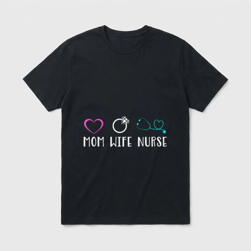 Mom Wife Nurse Multiple T-Shirt – MOM WIFE NURSE with a heart, diamond ring, and stethoscope – Classic T-Shirt in Black