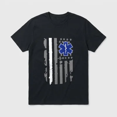 Line Proud EMS EMT Paramedic Nurse T-Shirt – Thin white line flag with blue Star of Life emblem – Classic T-Shirt in Black