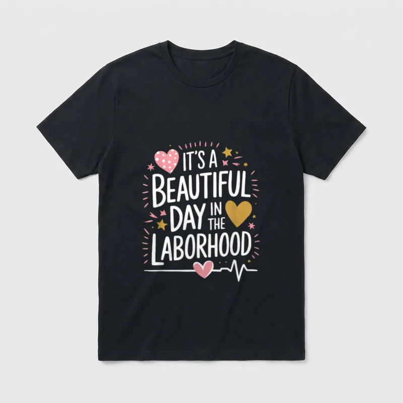 Certified Nurse Midwife CNM Birth Doula T-Shirt – “IT’S A BEAUTIFUL DAY IN THE LABORHOOD” – Classic T-Shirt in Black