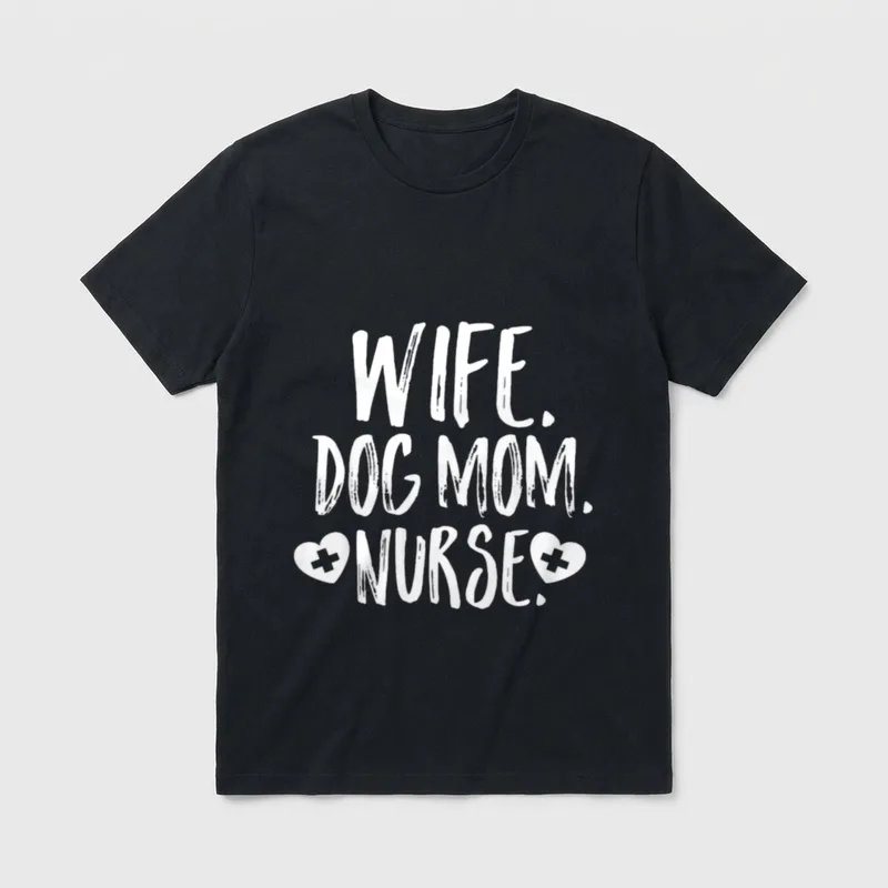 Wife Dog Mom Nurse T-Shirt – “WIFE. DOG MOM. NURSE.” with two medical cross hearts – Classic T-Shirt in Black