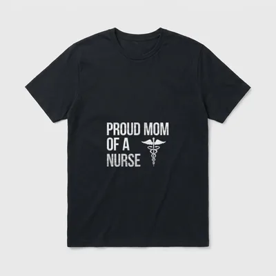Nursing RN LPN Mama T-Shirt – PROUD MOM OF A NURSE text beside a winged caduceus – Classic T-Shirt in Black