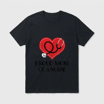 Proud Mom of a Nurse Occupation T-Shirt – Red heart with white stitching and looped stethoscope – Classic T-Shirt in Black