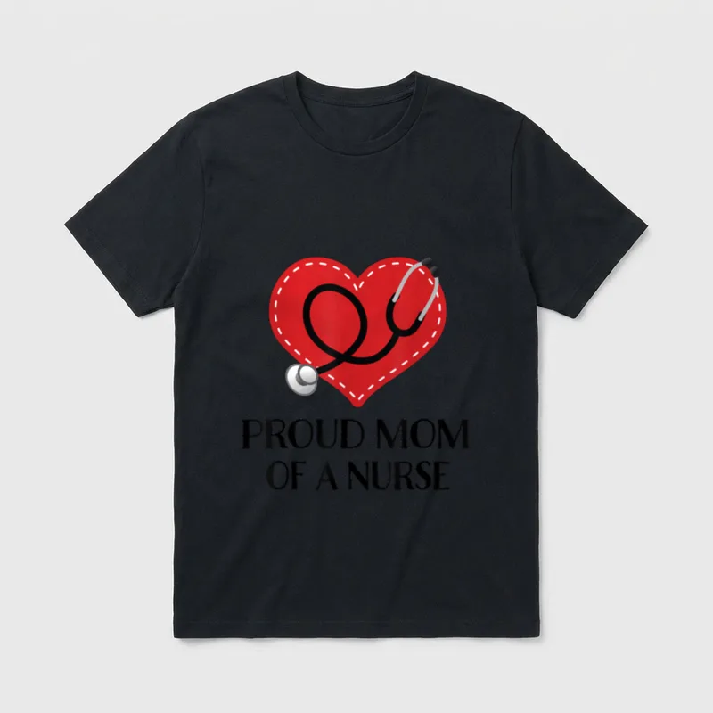 Proud Mom of a Nurse Occupation T-Shirt – Red heart with white stitching and looped stethoscope – Classic T-Shirt in Black
