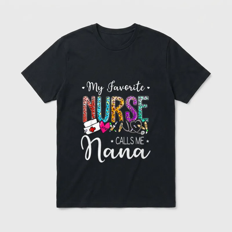 Leopard My Favorite Nurse T-Shirt – “My Favorite NURSE CALLS ME Nana” with medical icons – Classic T-Shirt in Black