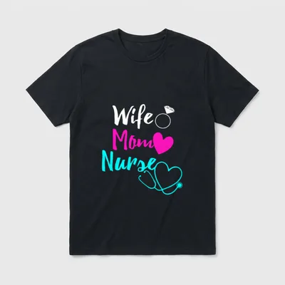 Wife Mom Nurse RN LPN ICU T-Shirt – Wife Mom Nurse in script with ring, heart, and stethoscope – Classic T-Shirt in Black