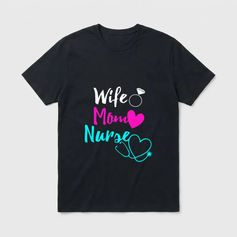 Wife Mom Nurse RN LPN ICU T-Shirt – Wife Mom Nurse in script with ring, heart, and stethoscope – Classic T-Shirt in Black