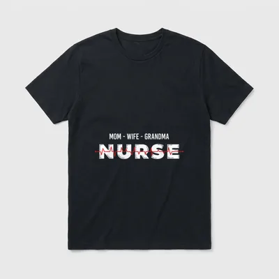 Nurse Mother Wife Grandma T-Shirt – Mom Wife Grandma Nurse lettering with red pulse heartbeat line – Classic T-Shirt in Black