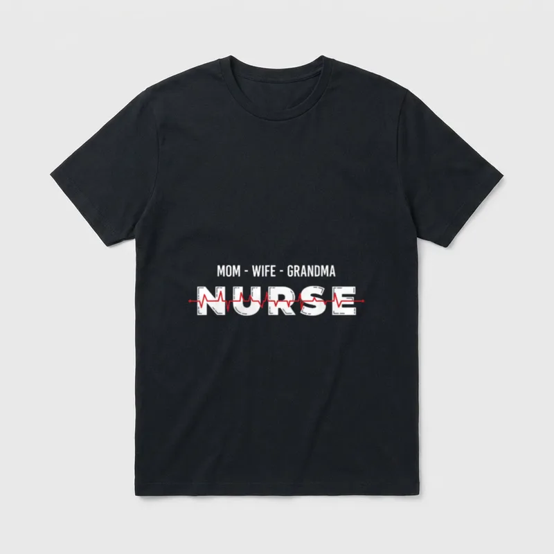 Nurse Mother Wife Grandma T-Shirt – Mom Wife Grandma Nurse lettering with red pulse heartbeat line – Classic T-Shirt in Black