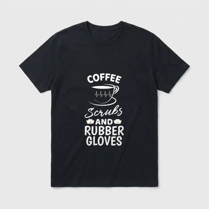 Rubber Gloves Proud Medical Nurse T-Shirt – Coffee cup heartbeat line and rubber gloves lettering – Classic T-Shirt in Black